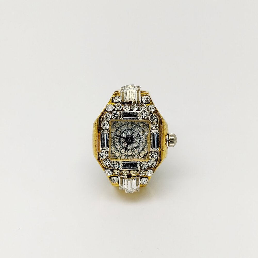 Vintage (crystal face) iced out gold tone ring watch by migi (Unsigned) works we